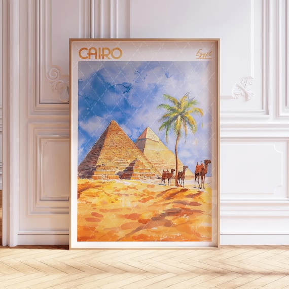 Cairo Egypt Watercolor Pyramids Of Giza Camels Desert Travel Poster