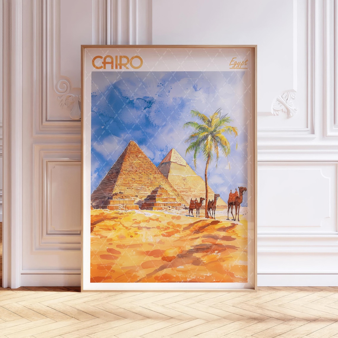 Cairo Egypt Watercolor Pyramids Of Giza Camels Desert Travel Poster