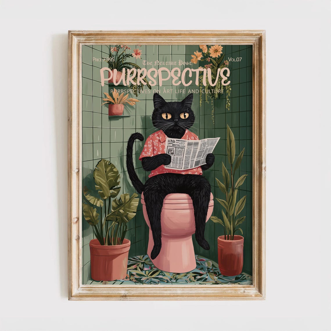 Purrspective Magazine Cover Funny Black Cat Bathroom Art Poster