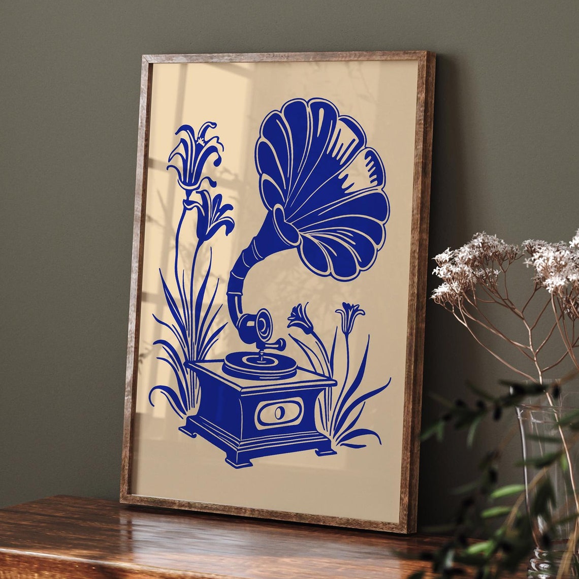 Blue Gramophone With Tall Lilies Vintage Music Room Decor Art Print