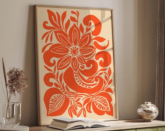 Bold Orange Floral Art Print Modern Boho Wall Art Vibrant Botanical Poster Retro Flower Design Bohemian Nature Home Decor Airbnb Art