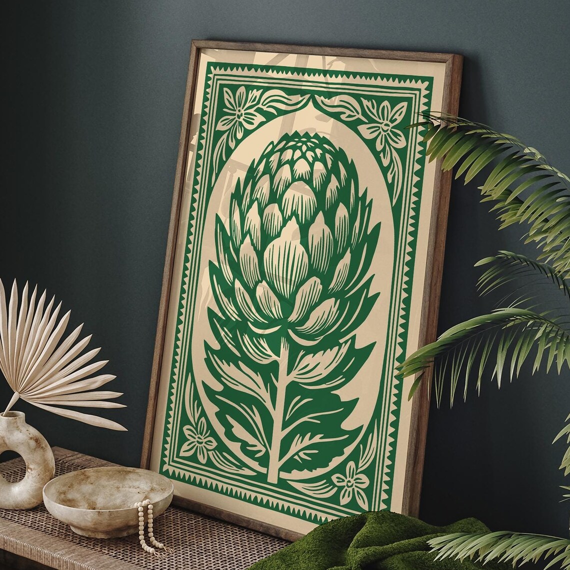 Green Artichoke Botanical Folk Linocut Style Kitchen Wall Poster - Image 6