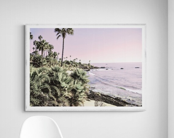 Palm Trees Ocean Cliff Pastel Pink Sky Beach Photography Art Poster
