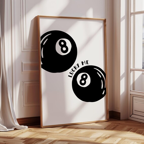 8 Ball Poster Trendy Retro Pool Print Modern Wall Decor Lucky Art Home Black And White Bar Cart