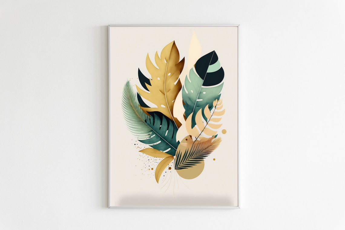 Tropical Gold Palm Monstera Leaves Bouquet Exotic Decor Poster