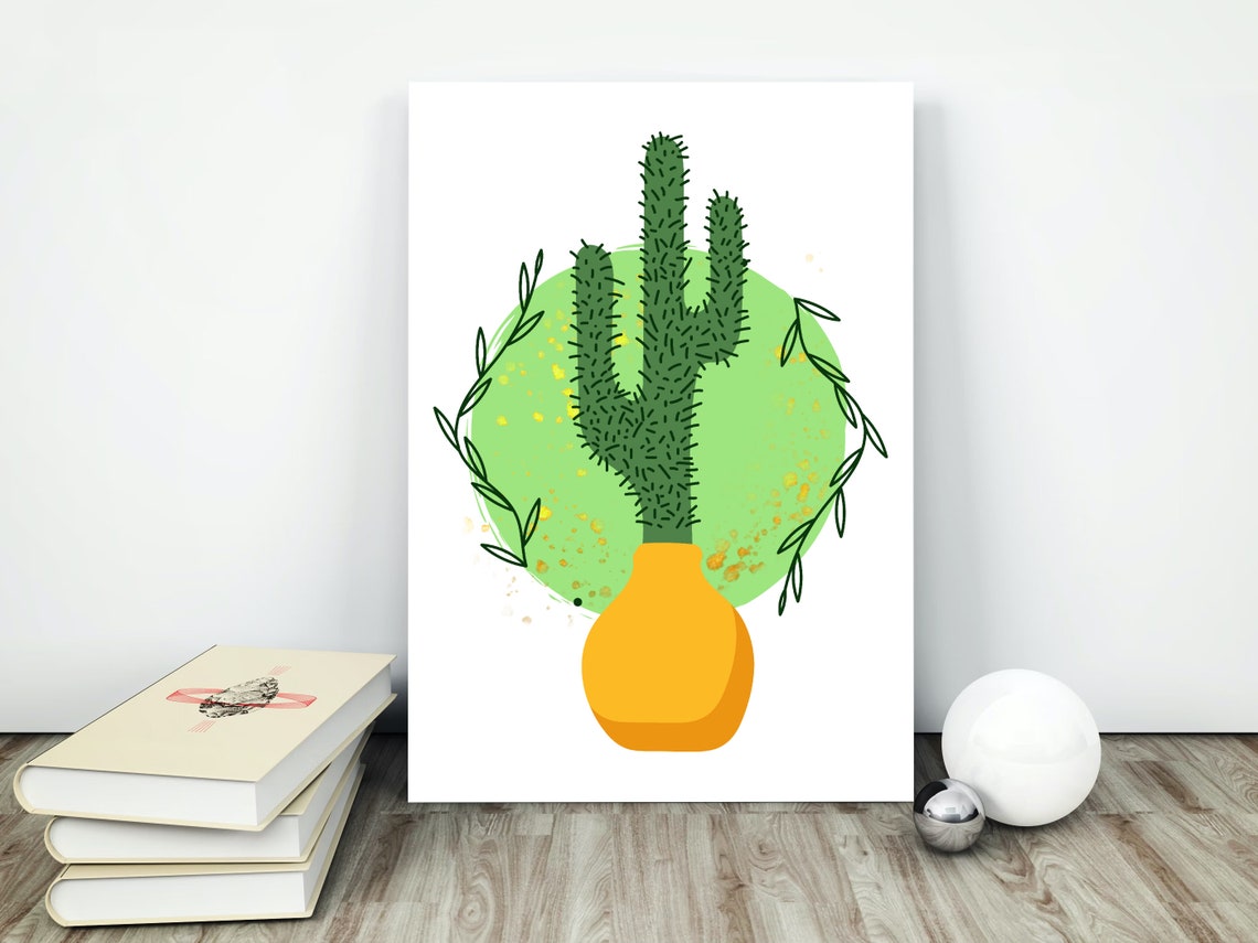 Cute Green Cactus in Orange Vase on White Minimalist Wall Poster