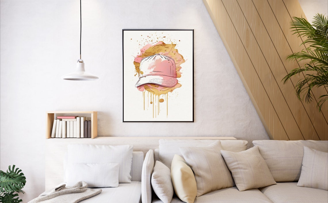 Pink Watercolor Baseball Cap Gold Splatter Preppy Sport Poster - Image 3