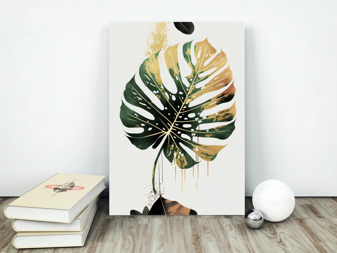 Green and Gold Monstera Leaf Minimalist Botanical Watercolor Poster
