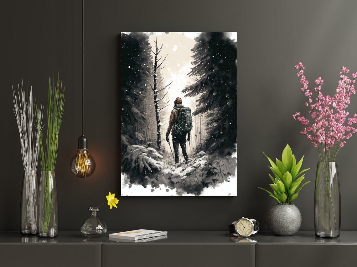 Lone Hiker Snowy Pine Forest Backpack Winter Adventure Poster - Image 2