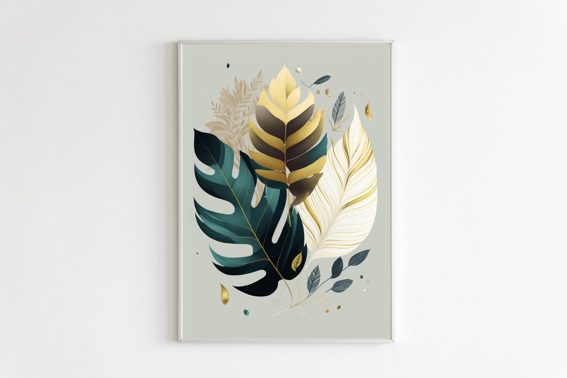 Deep Teal Monstera Gold Leaves Sage Background Botanical Poster