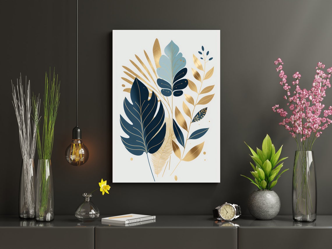 Navy Blue Gold Leaf Botanical Arrangement Luxe Modern Decor Poster - Image 2