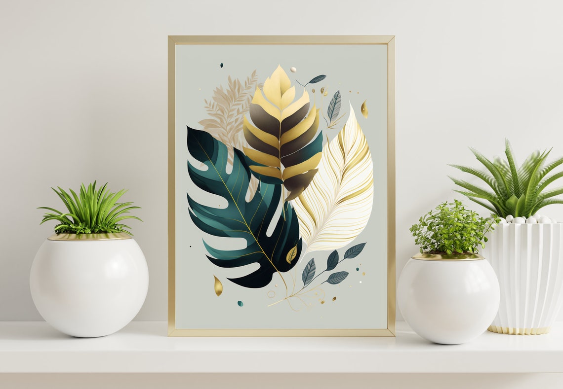 Deep Teal Monstera Gold Leaves Sage Background Botanical Poster - Image 3