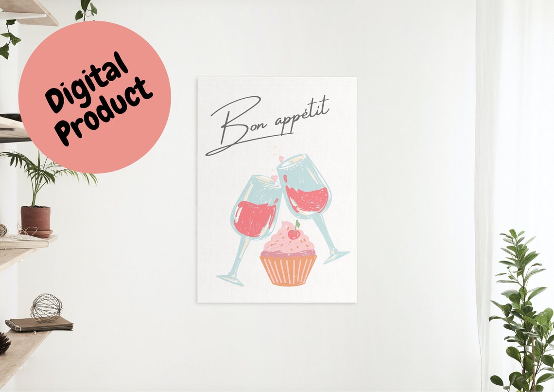 Bon Appetit Wine Glasses and Cupcake Kitchen Watercolor Poster - Image 3