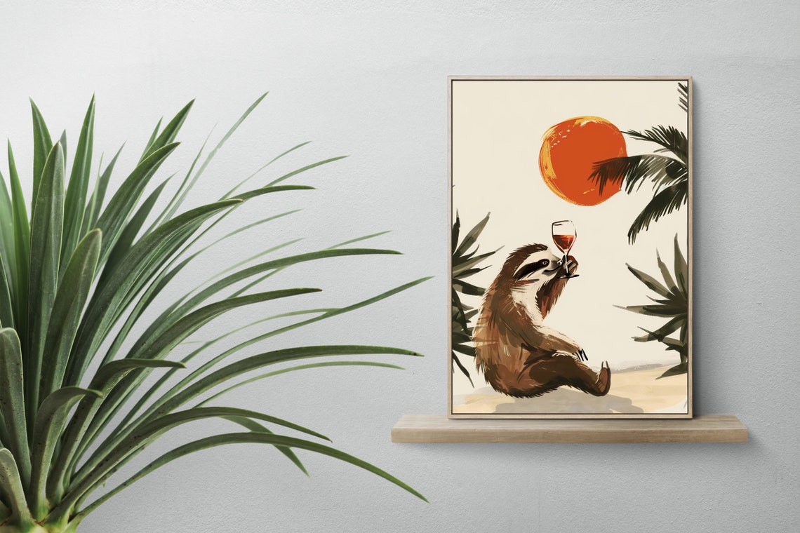 Funny Sloth Drinking Wine Sunset Palm Tropical Animal Humor Poster - Image 2