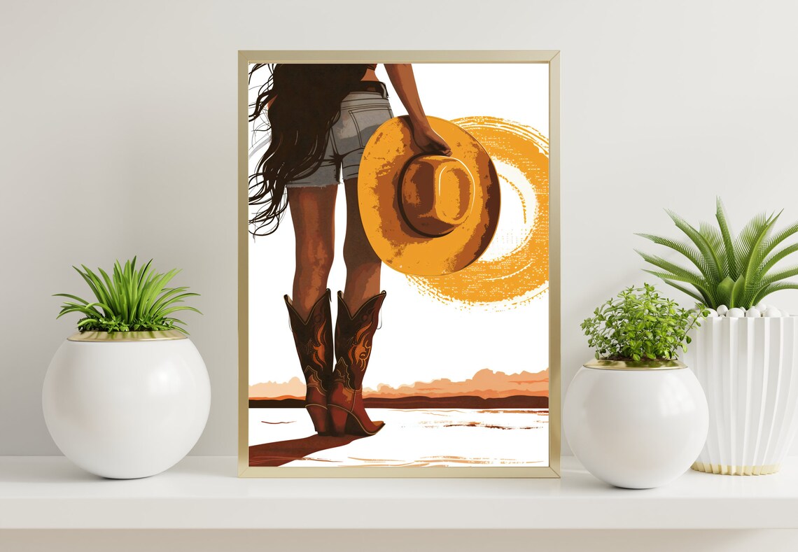 Coastal Cowgirl Boots Denim Hat Western Sunset Travel Poster - Image 4