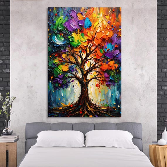 Vibrant Tree Of Life Print Textured Rainbow Colour Art For Home Decor
