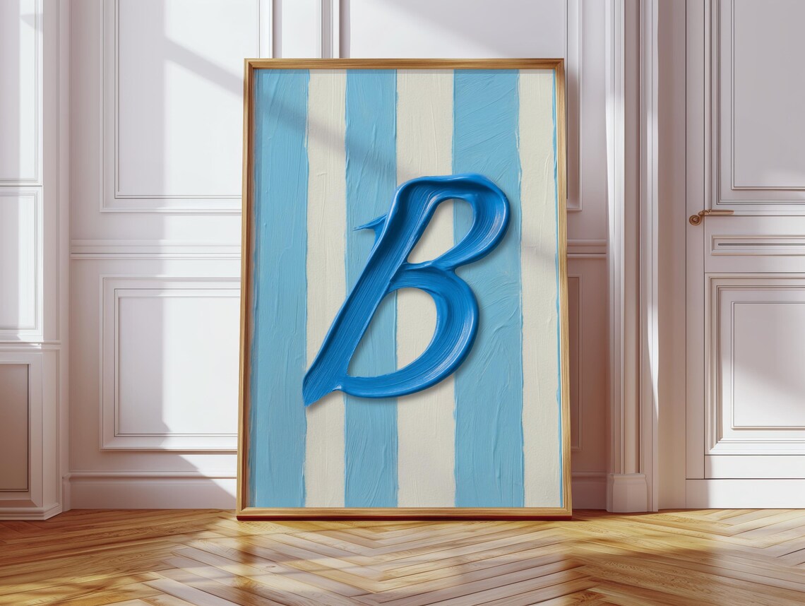 Custom Blue Initial Wall Art Personalized Striped Letter Print For Kids Room Or Nursery Monogram Name Poster Gift Her Oil