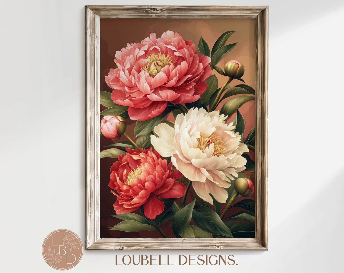 Peony Blooms Buds Warm Copper Background Vintage Botanical Poster