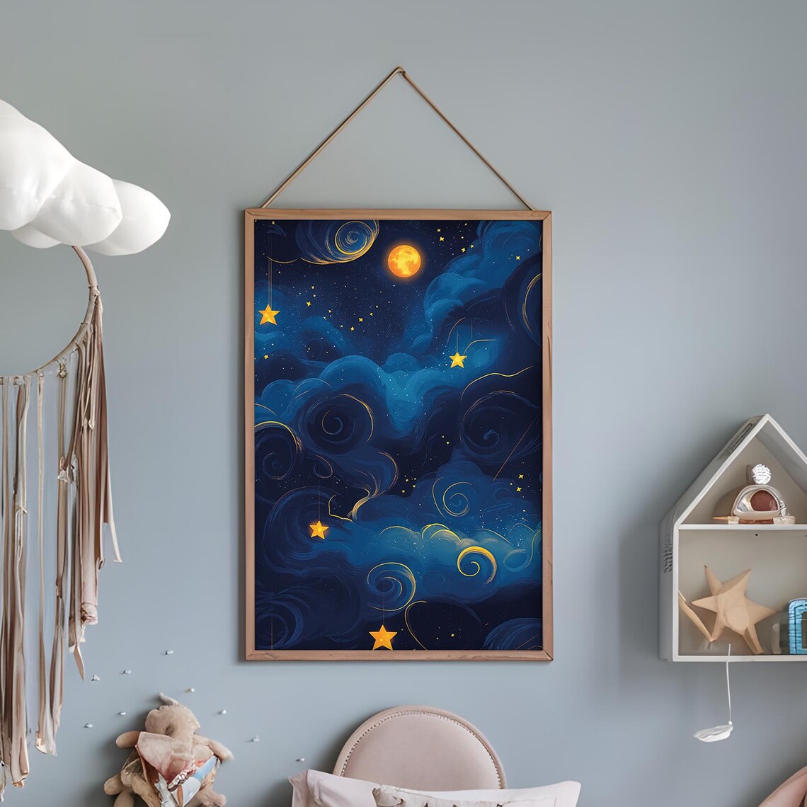 Dreamy Night Sky Hanging Stars Full Moon Whimsical Celestial Poster - Image 5