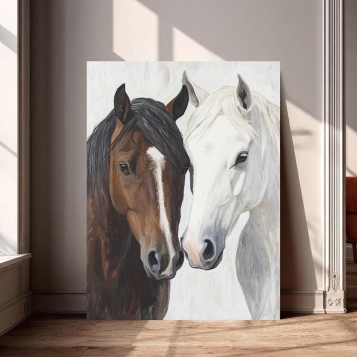 Two Horses Portrait Brown White Equine Equestrian Farmhouse Art Poster