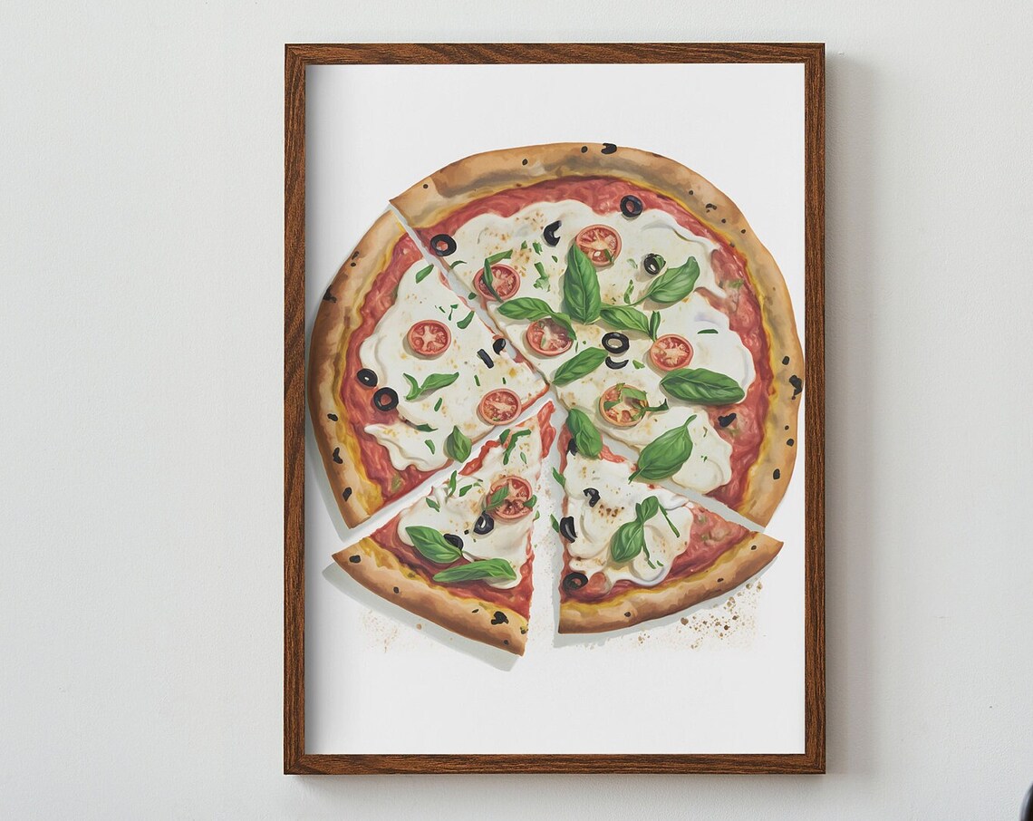 Margherita Pizza Watercolor Illustration Italian Kitchen Food Poster