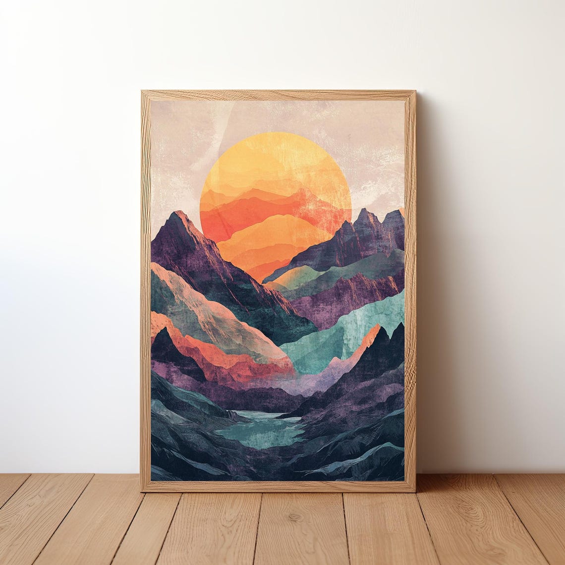 Mountain Sunset Big Orange Sun Layered Peaks Illustration Poster