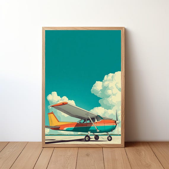 Minimalist Cessna Plane Poster Modern Aviation Wall Art Small Aircraft In Sky Print Simple Pilot Decor Clean Flight Illustration Avi28