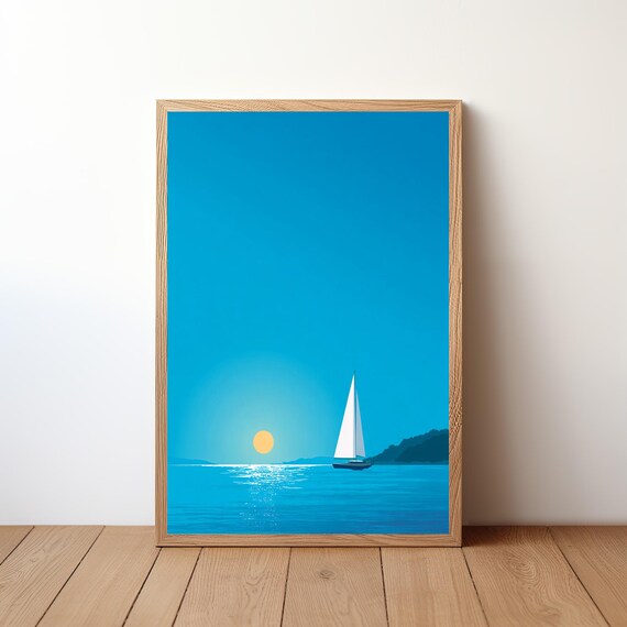 Minimalist Sailboat On Blue Sea Under Big Sky Small Sun Flat Art Poster