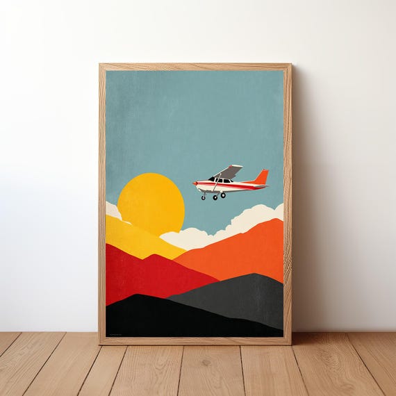 Minimalist Cessna Plane Poster Modern Aviation Wall Art Small Aircraft In Sky Print Simple Pilot Decor Clean Flight Illustration Avi25