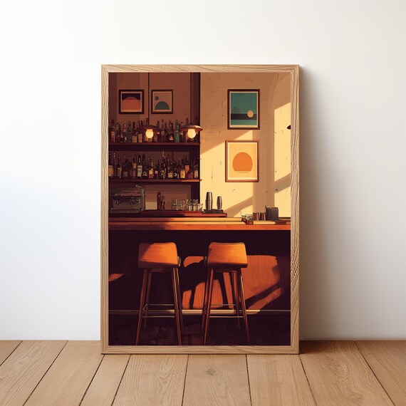 Cozy Warm Light Cocktail Bar Interior Evening Illustration Poster