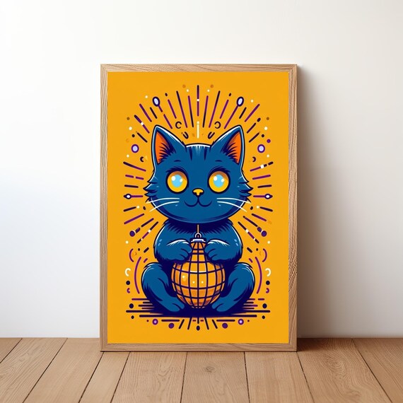 Funny Blue Cat Holding Christmas Ornament Orange Background Quirky Art Poster