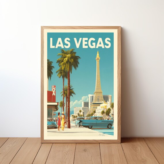Las Vegas Retro Travel Poster Palm Trees Classic Cars Eiffel Tower Scene