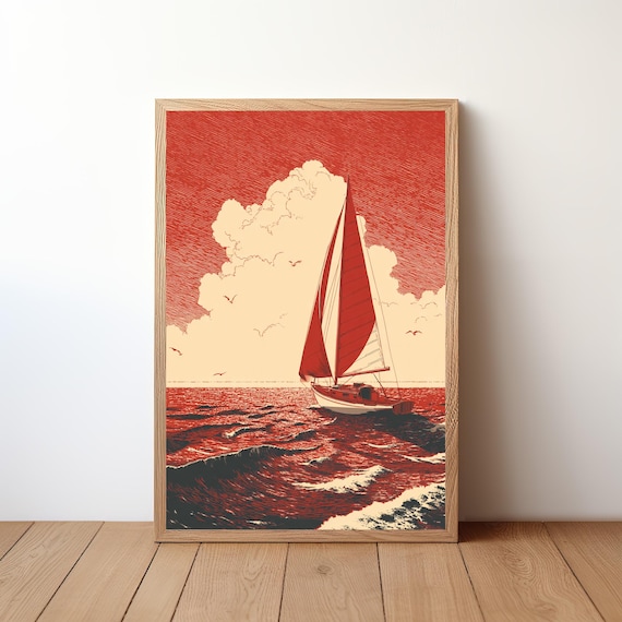 Red Sail Sailboat Ocean Waves Engraving Style Nautical Art Poster