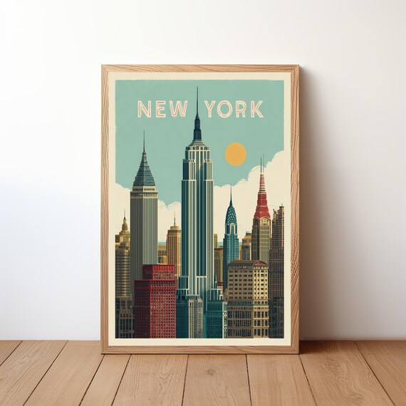 New York City Retro Travel Poster Manhattan Skyline Empire State Scene