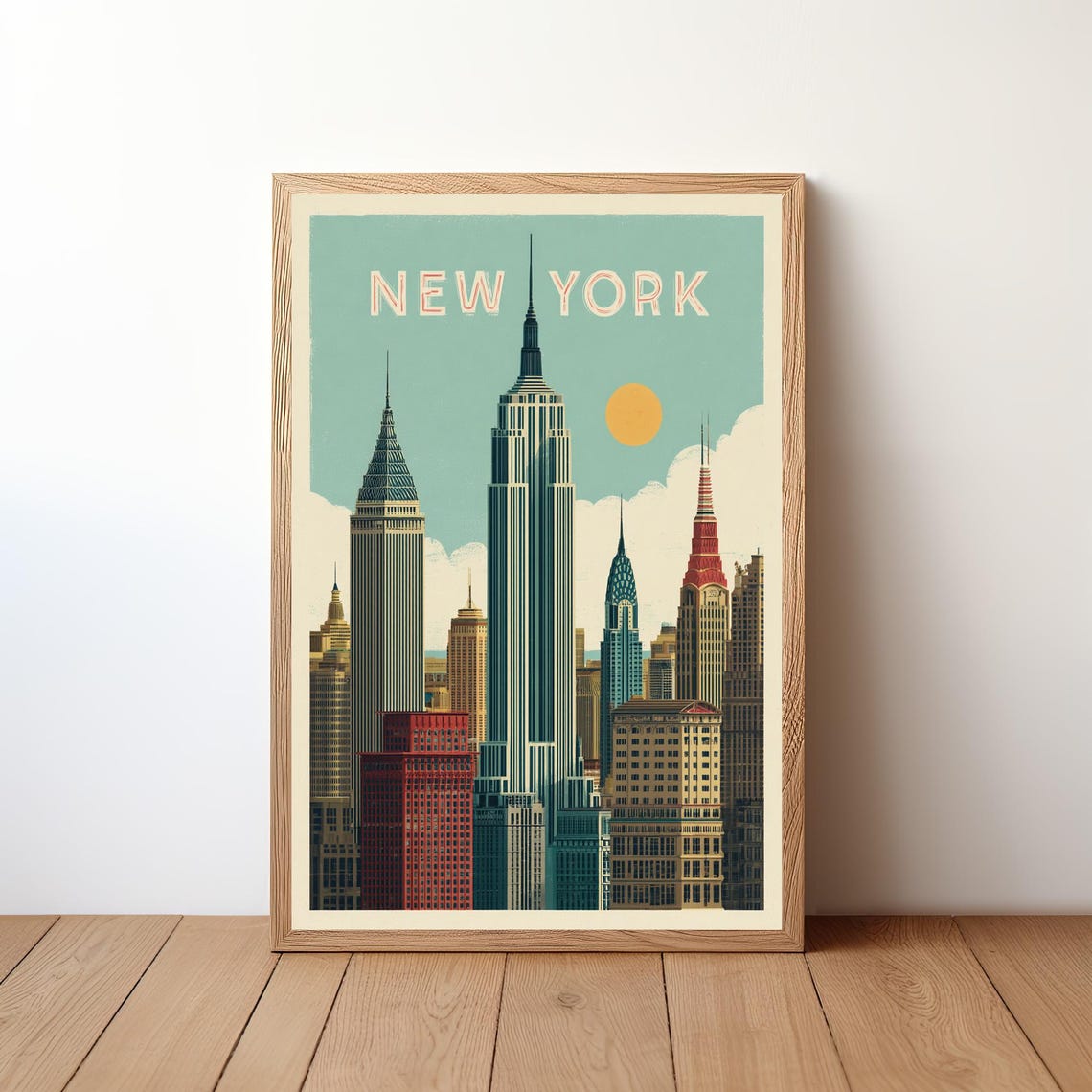 New York City Retro Travel Poster Manhattan Skyline Empire State Scene