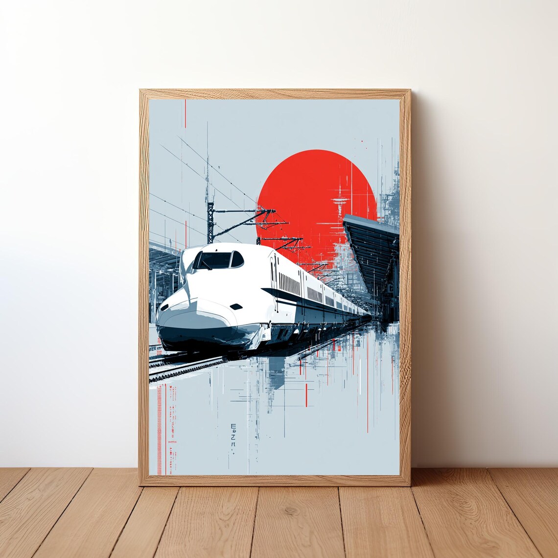 Japanese Shinkansen Train Red Sun Station Modern Travel Art Poster