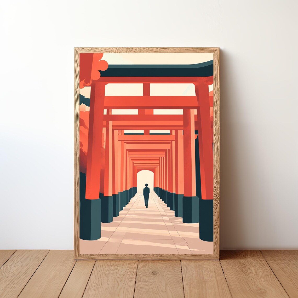 Japan Torii Gates Travel Poster Lone Walker Vermilion Shrine Corridor