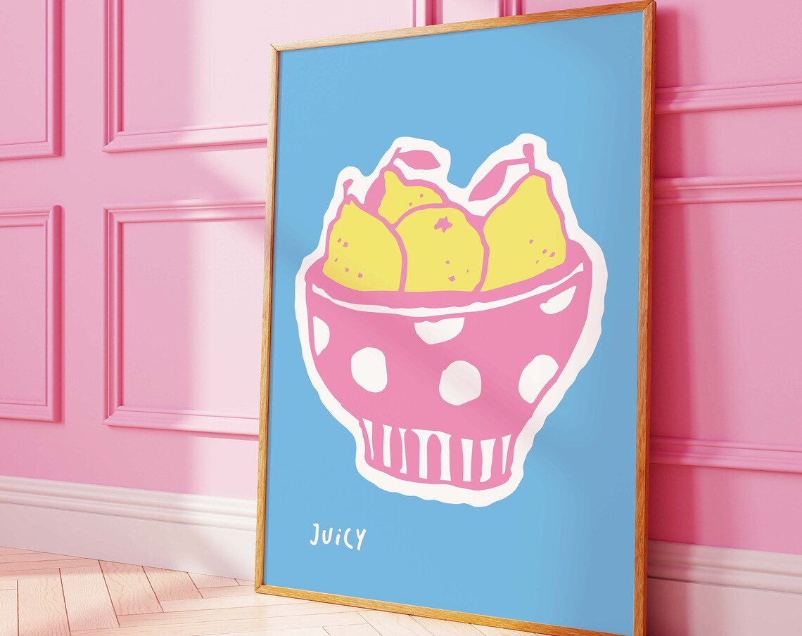 Fruit Bowl Art Print, Blue Kitchen Decor
