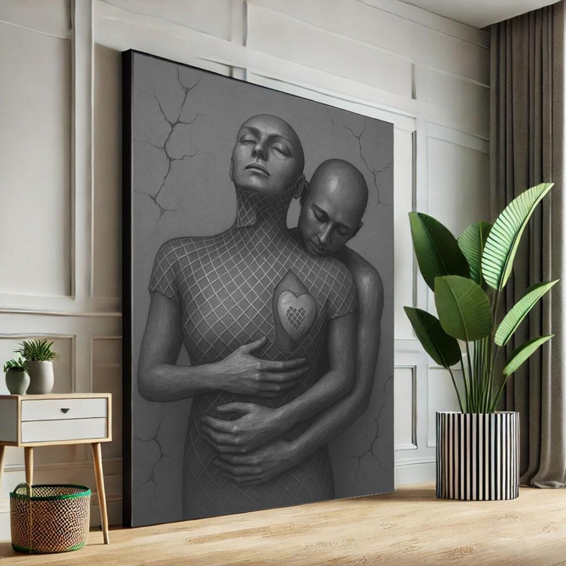 Surreal Black and White Embracing Couple with Heart Love Art Poster