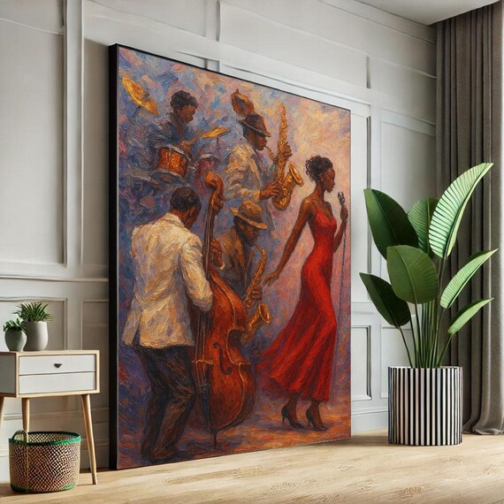Energetic Jazz Ensemble Saxophone Bass Singer Oil Painting Poster