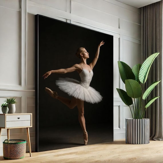 Stunning Ballerina in White Tutu Arabesque on Black Backdrop Poster
