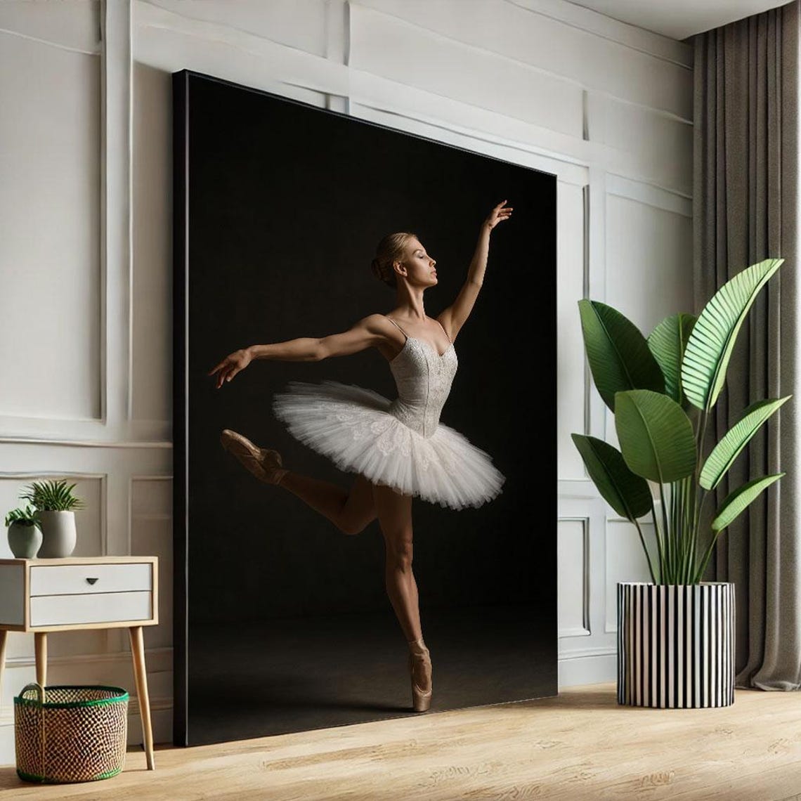 Stunning Ballerina in White Tutu Arabesque on Black Backdrop Poster