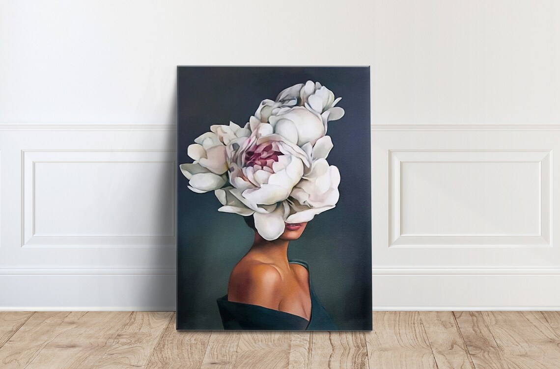 Woman Hidden Behind White Peonies Floral Face Dark Elegant Poster