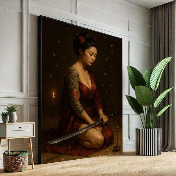 Kneeling Samurai Woman In Red Kimono With Katana Candlelit Poster