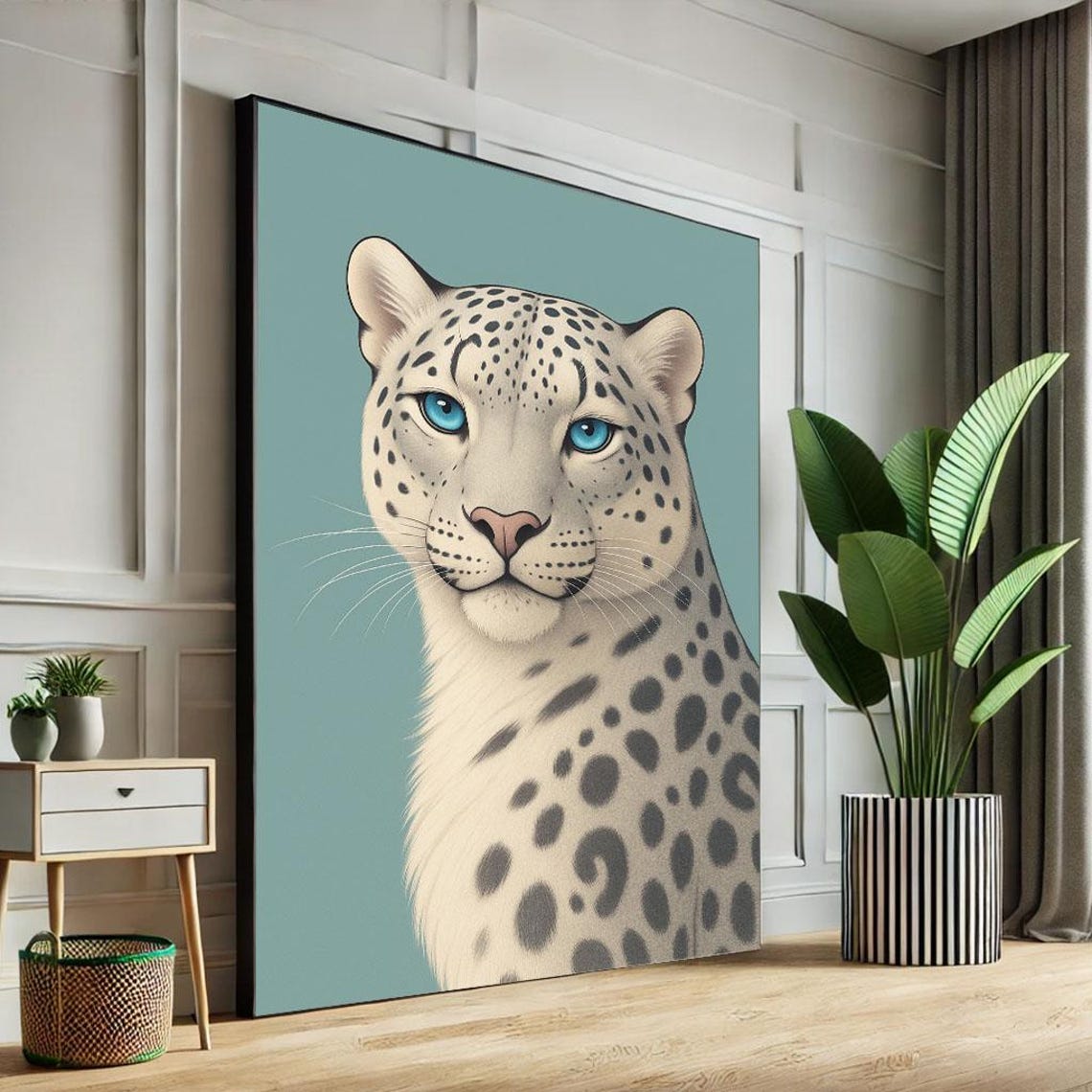 Elegant Snow Leopard with Blue Eyes on Teal Background Poster