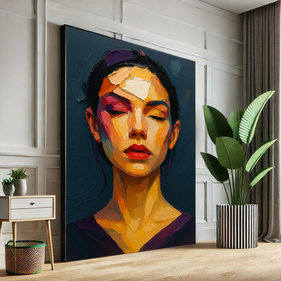 Bold Abstract Woman Portrait Vivid Brushstrokes Blue Wall Art