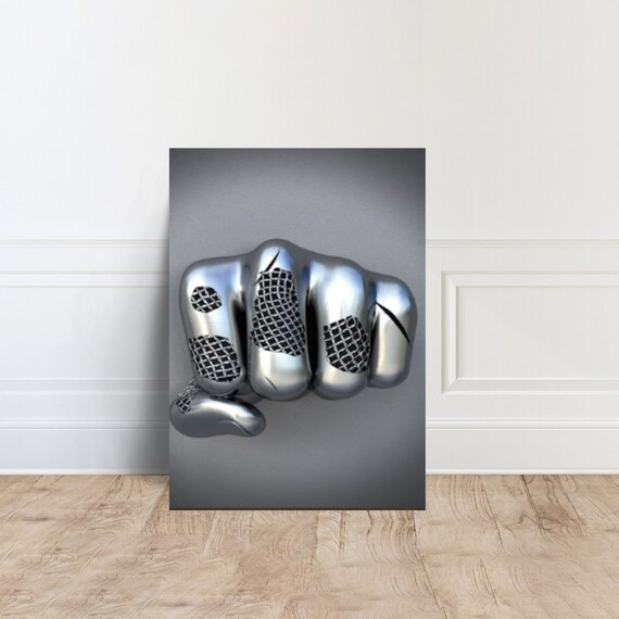 3D Chrome Fist Breaking Through Wall Silver Strength Gym Decor Poster