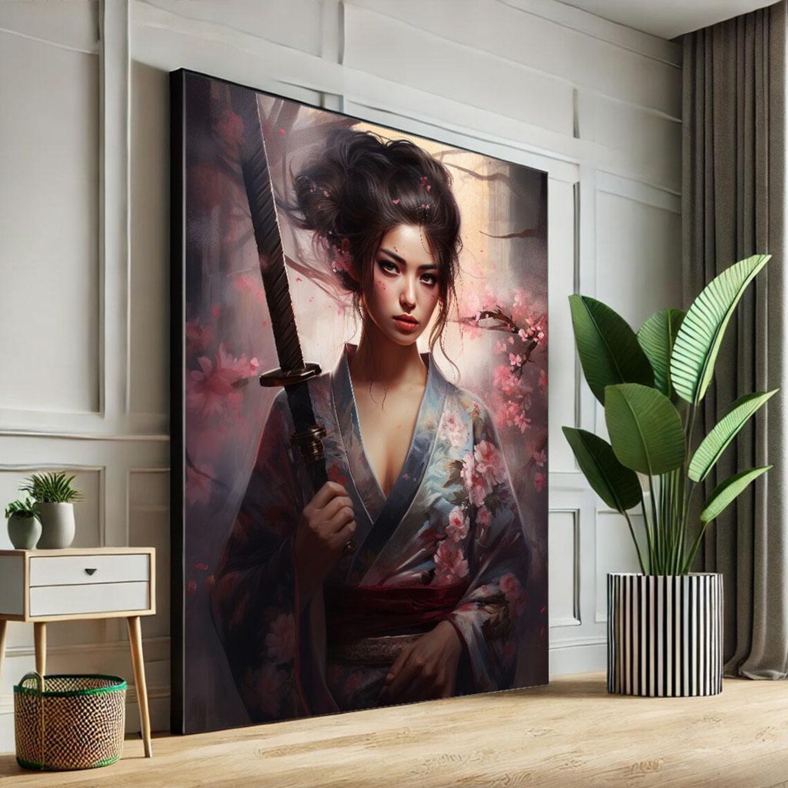 Samurai Girl Cherry Blossom Floral Kimono Katana Beauty Poster