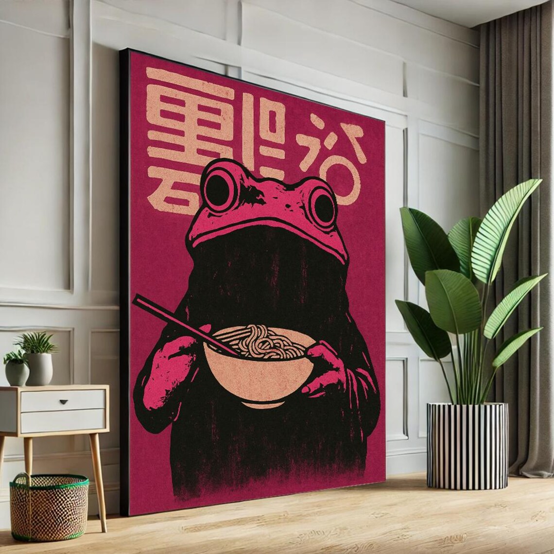 Japanese Retro Frog Eating Ramen Noodles with Chopsticks Poster