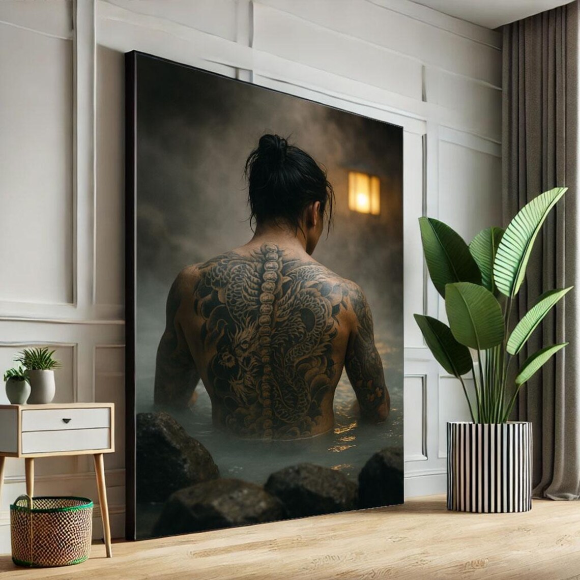 Japanese Tattooed Dragon Back Man in Steaming Hot Spring Bath for Zen Interiors Poster